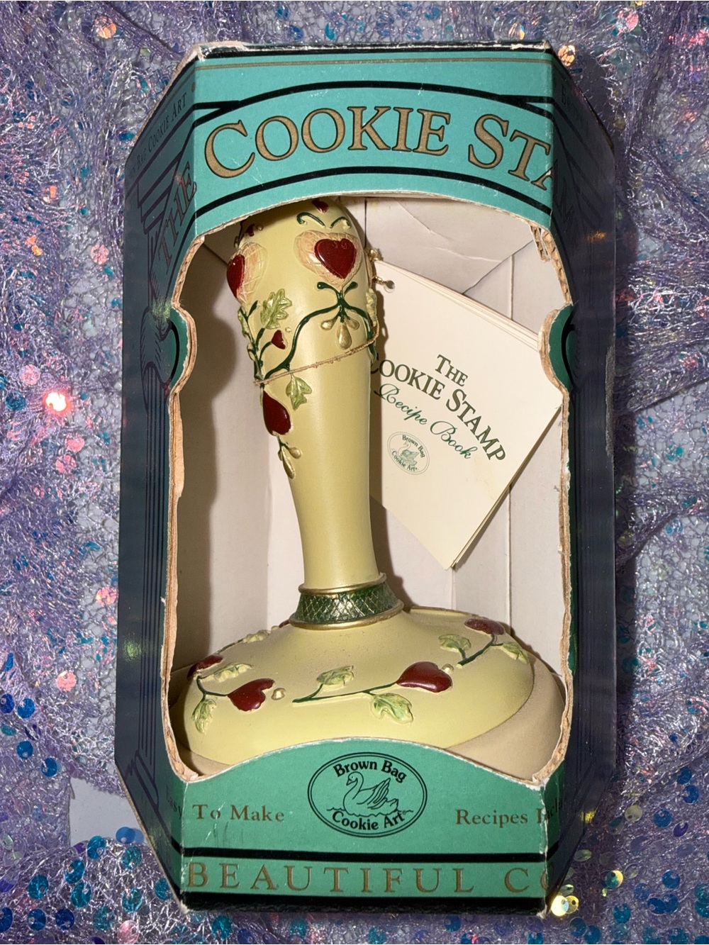 Vintage Brown Bag Cookie Stamp in Cream with Red Heart Vine Detail